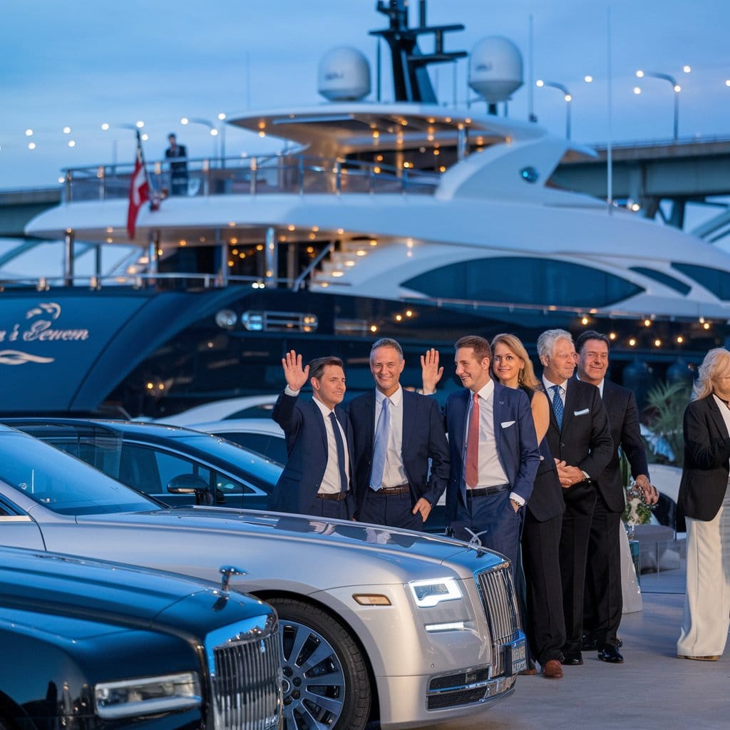 Empresarios llegando a evento empresarial en yate de lujo en España diseñado para fidelizar clientes y posicionar marca