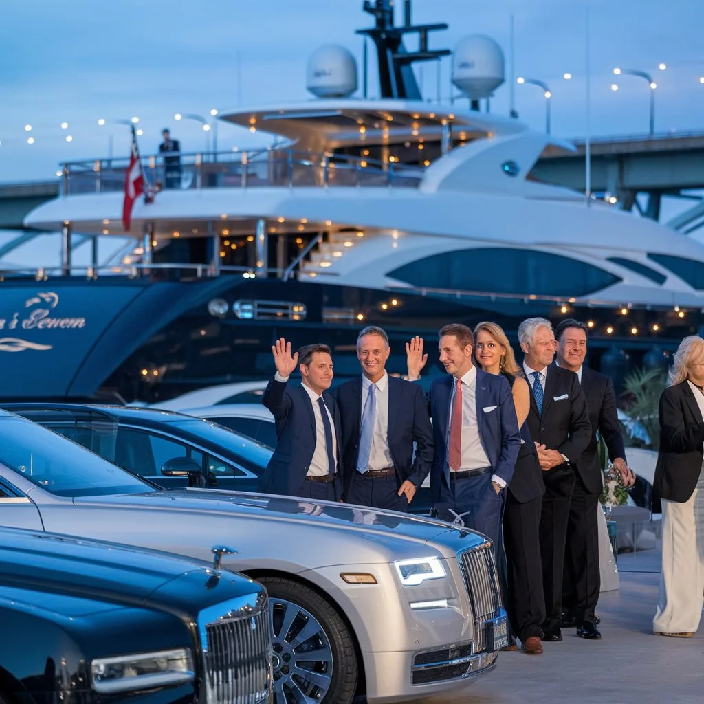 Empresarios llegando a evento empresarial en yate de lujo en España diseñado para fidelizar clientes y posicionar marca