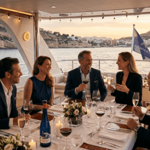 Comida de empresa en barco de lujo en Alicante al atardecer con empresarios conectando y fidelizando clientes