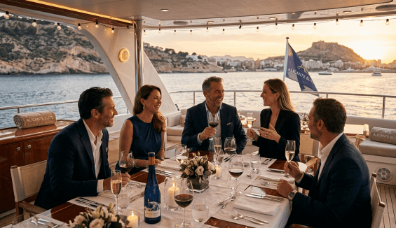 Comida de empresa en barco de lujo en Alicante al atardecer con empresarios conectando y fidelizando clientes