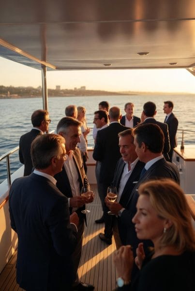 Networking empresarial en barco de lujo en Alicante con empresarios generando relaciones estratégicas