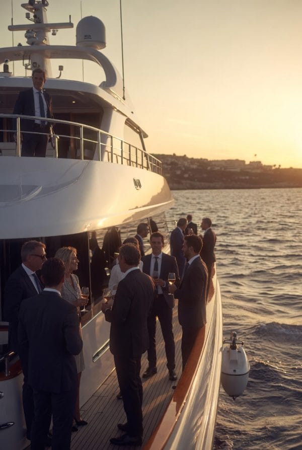 comida de empresa en barco de lujo en alicante con empresarios en entorno exclusivo generando relaciones de alto nivel