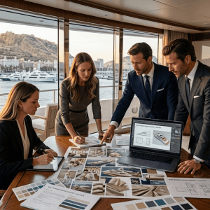 Diseño estratégico de bodas en barco para empresarios en Alicante con equipo profesional creando concepto exclusivo