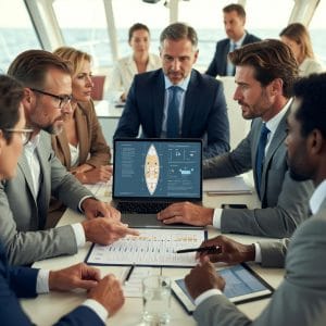 Diseño estratégico de evento empresarial en barco en España con equipo de Rapsodia Empresas planificando experiencia para fidelizar clientes