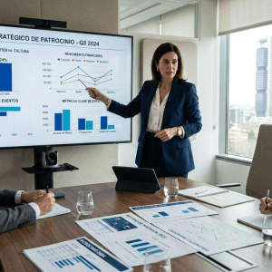 Estudio Estratégico de Patrocinios con análisis de ROI y métricas financieras en reunión empresarial