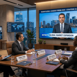 Empresarios participando en un streaming empresarial internacional desde Miami sobre estrategias de crecimiento y expansión empresarial global