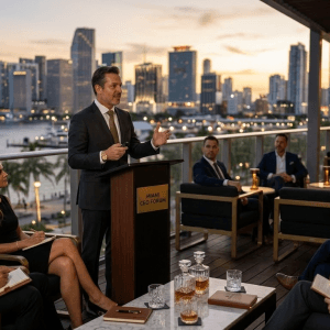 ceo presentando empresa en miami ante empresarios networking exclusivo win2win patrocinador estrategico internacionalizacion empresas