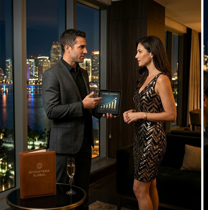 Empresarios analizando crecimiento empresarial en Miami dentro del ecosistema empresarial internacional Win2Win.