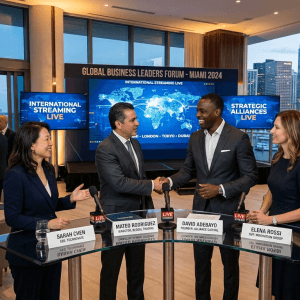 Streaming empresarial internacional en Miami con líderes empresariales creando alianzas estratégicas en el evento Win2Win