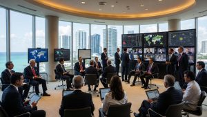 Empresarios internacionales tomando decisiones estratégicas durante el evento Win2Win en Miami