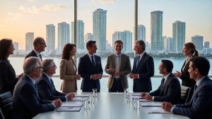 evento empresarial internacional en miami con empresarios creando alianzas estratégicas y oportunidades de expansión empresarial global