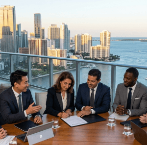 evento empresarial internacional en Miami con empresarios creando alianzas estratégicas y oportunidades de expansión empresarial global