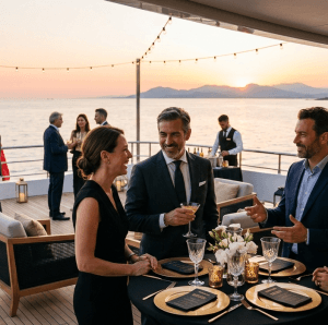 Evento empresarial en barco de lujo en Madrid con empresarios haciendo networking estratégico al atardecer en un entorno exclusivo