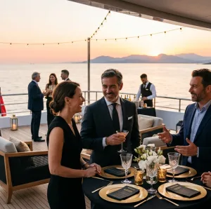 Evento empresarial en barco de lujo en Madrid con empresarios haciendo networking estratégico al atardecer en un entorno exclusivo