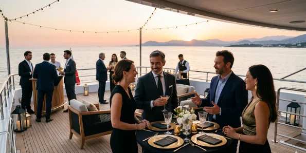 Evento empresarial en barco de lujo en Madrid con empresarios haciendo networking estratégico al atardecer en un entorno exclusivo