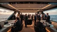 Empresarios en evento corporativo dentro de un barco de lujo en España realizando networking en un entorno exclusivo