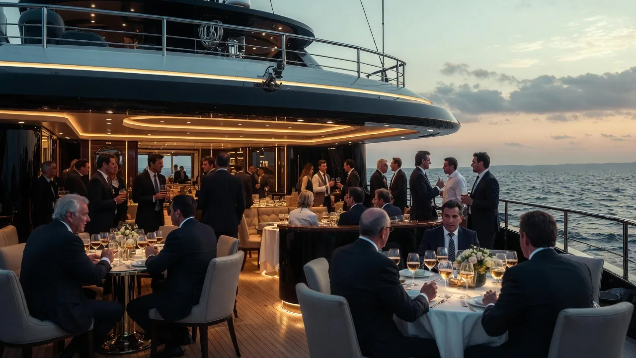 Evento empresarial en barco en España con empresarios conversando en un entorno exclusivo frente al mar