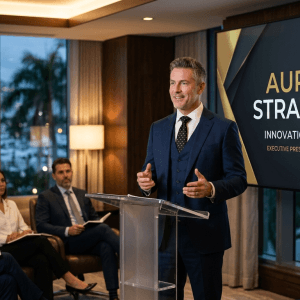 ceo presentando empresa en miami con marca visible aurora strategies evento empresarial internacional patrocinador lider win2win