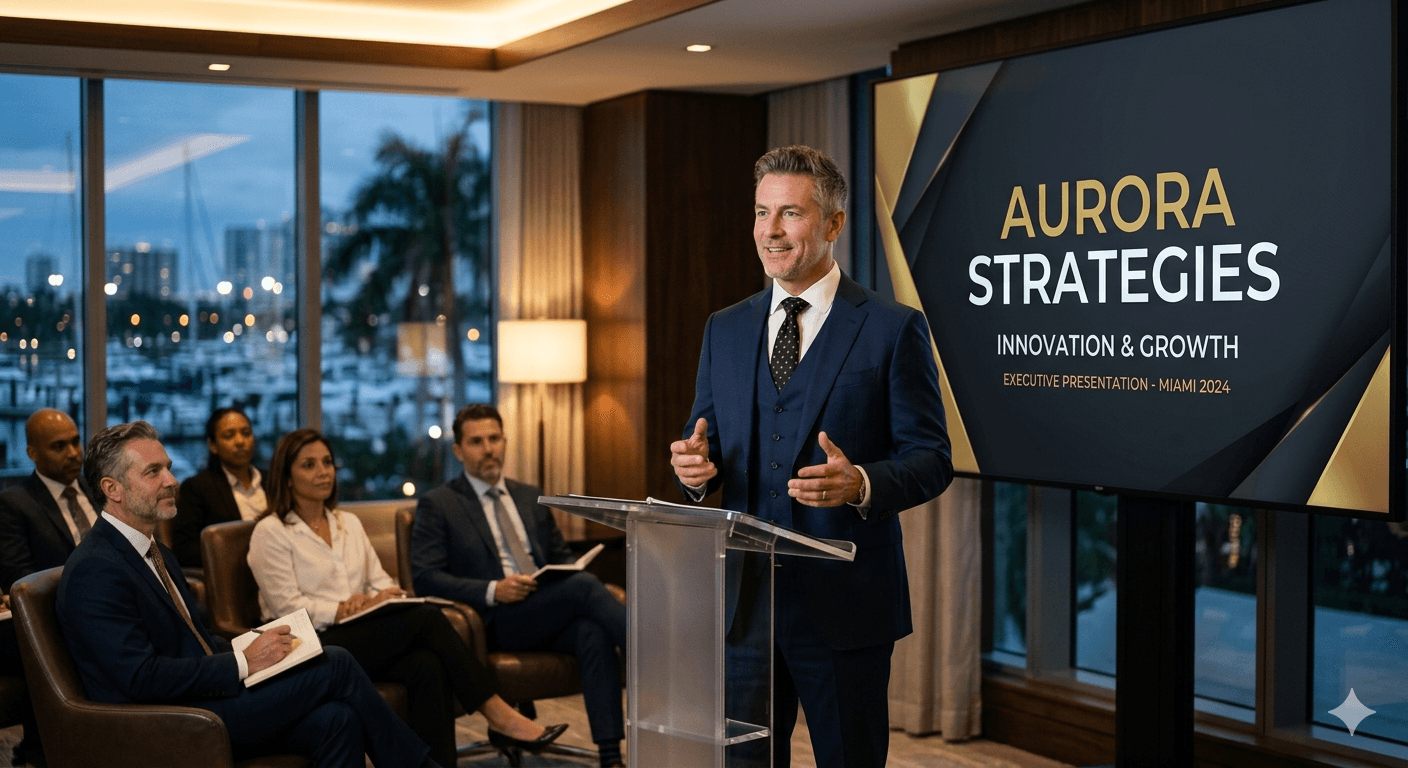 ceo presentando empresa en miami con marca visible aurora strategies evento empresarial internacional patrocinador lider win2win