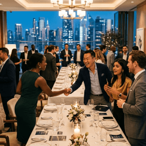 Empresarios cerrando acuerdos en una cena de conexión estratégica en Madrid, networking exclusivo orientado a clientes B2B y alianzas internacionales