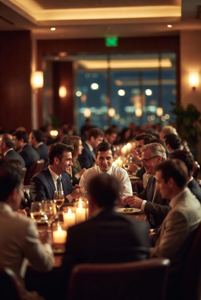Cena de empresa estratégica con directivos, empleados y clientes conversando en un entorno elegante y profesional con iluminación cálida