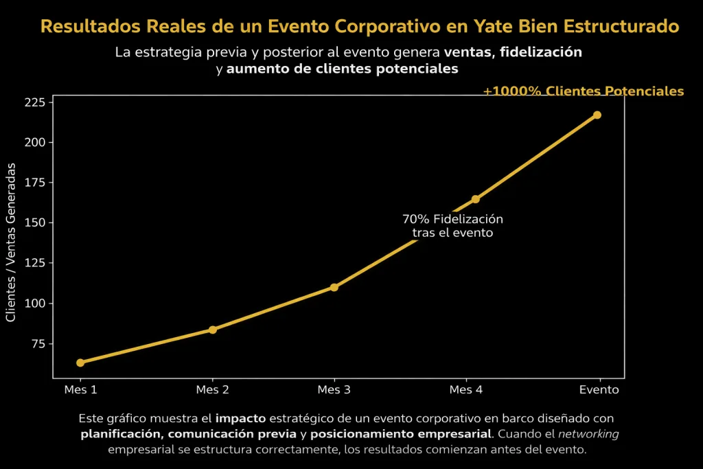 Resultados medibles de un evento corporativo en barco con incremento de clientes potenciales y posicionamiento empresarial estratégico