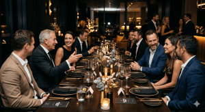 cena empresarial estratégica con directivos en entorno exclusivo generando relaciones y oportunidades de negocio