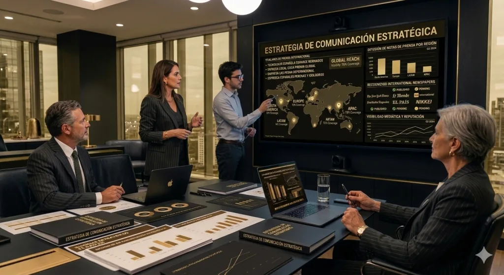 Empresarios analizando una estrategia de comunicación empresarial en un entorno profesional moderno