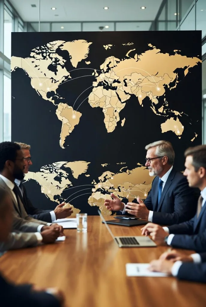 Empresarios analizando la expansión internacional dentro de un ecosistema empresarial global