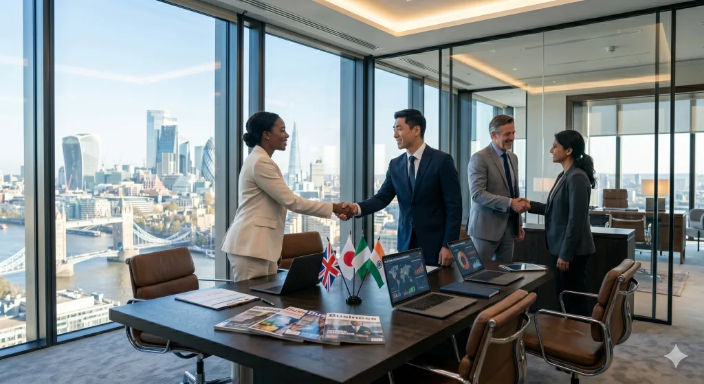 empresarios cerrando acuerdos internacionales en oficina moderna con vista a ciudad global