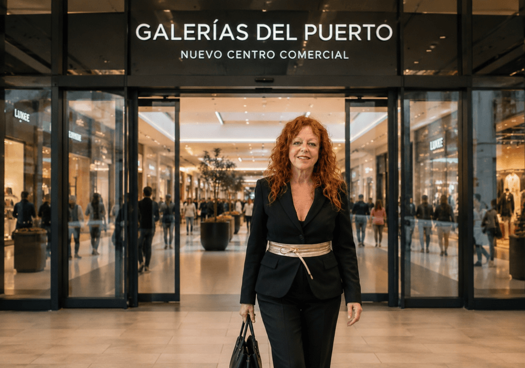 Lidia Arrocha entrando en un moderno centro comercial mientras reflexiona sobre la pérdida de identidad empresarial y la conexión humana en las grandes empresas.