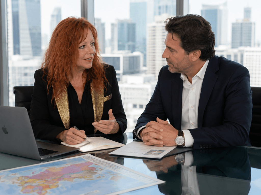 Lidia Arrocha, fundadora de Rapsodia Empresas, en una reunión de consultoría empresarial estratégica ayudando a un empresario a detectar problemas internos, mejorar la comunicación, escuchar a su equipo y preparar el crecimiento de su empresa