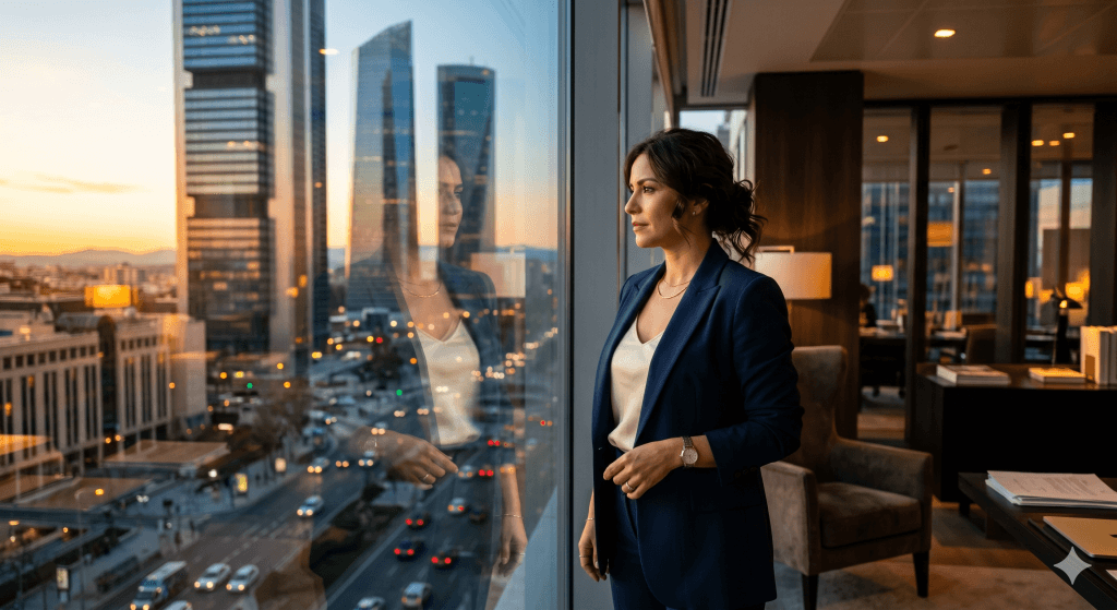 Empresaria reflexionando frente a un ventanal sobre identidad, liderazgo y valor personal en el mundo empresarial