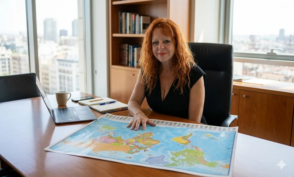 Lidia Arrocha trabajando en una estrategia empresarial internacional en su oficina mientras analiza un mapa mundial