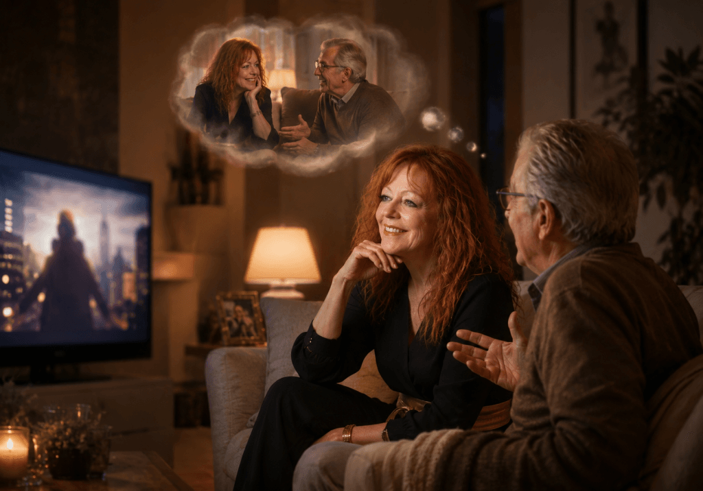 Lidia Arrocha sentada junto a su padre viendo anuncios en televisión y recordando cómo aquellas conversaciones marcaron su visión del emprendimiento y la comunicación estratégica.