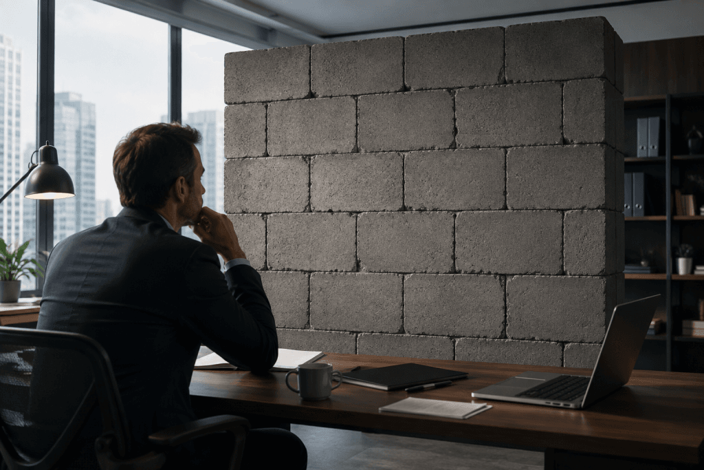 Empresario analizando un obstáculo empresarial en su oficina y buscando estrategias para superar barreras y continuar el crecimiento de su empresa.