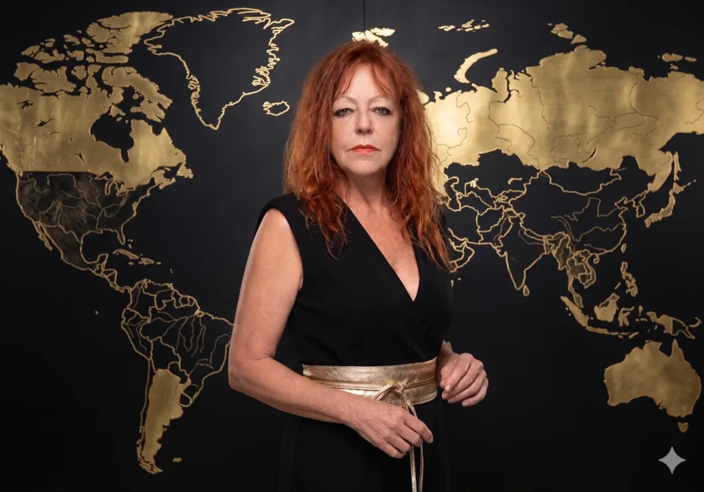 Lidia Arrocha, fundadora de Rapsodia Empresas y creadora del Ecosistema Empresarial Internacional Win2Win, ante un mapa del mundo que representa la expansión internacional y las conexiones empresariales