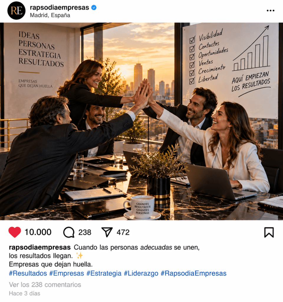 Publicación empresarial en Instagram con 10.000 Me gusta que plantea si la popularidad en redes sociales se traduce realmente en resultados de negocio