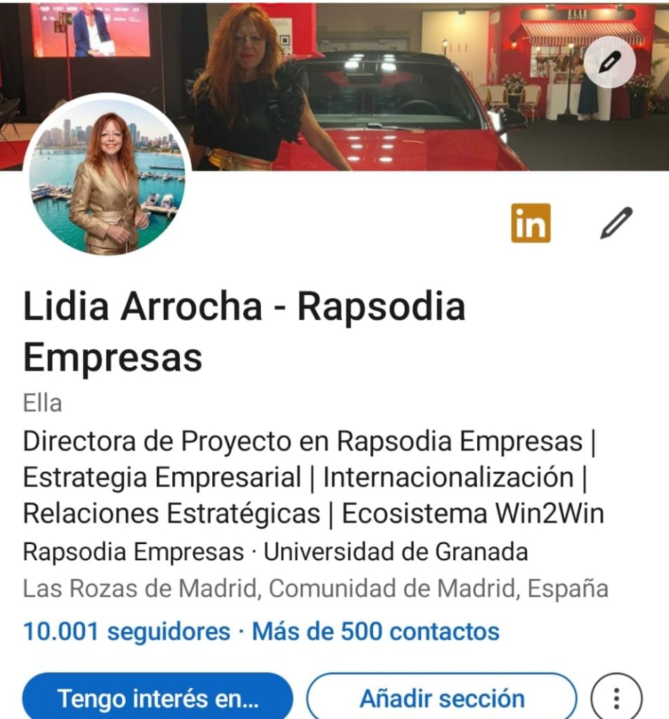 Perfil de LinkedIn de Lidia Arrocha, Rapsodia Empresas, con 10.001 seguidores alcanzados mediante crecimiento orgánico.